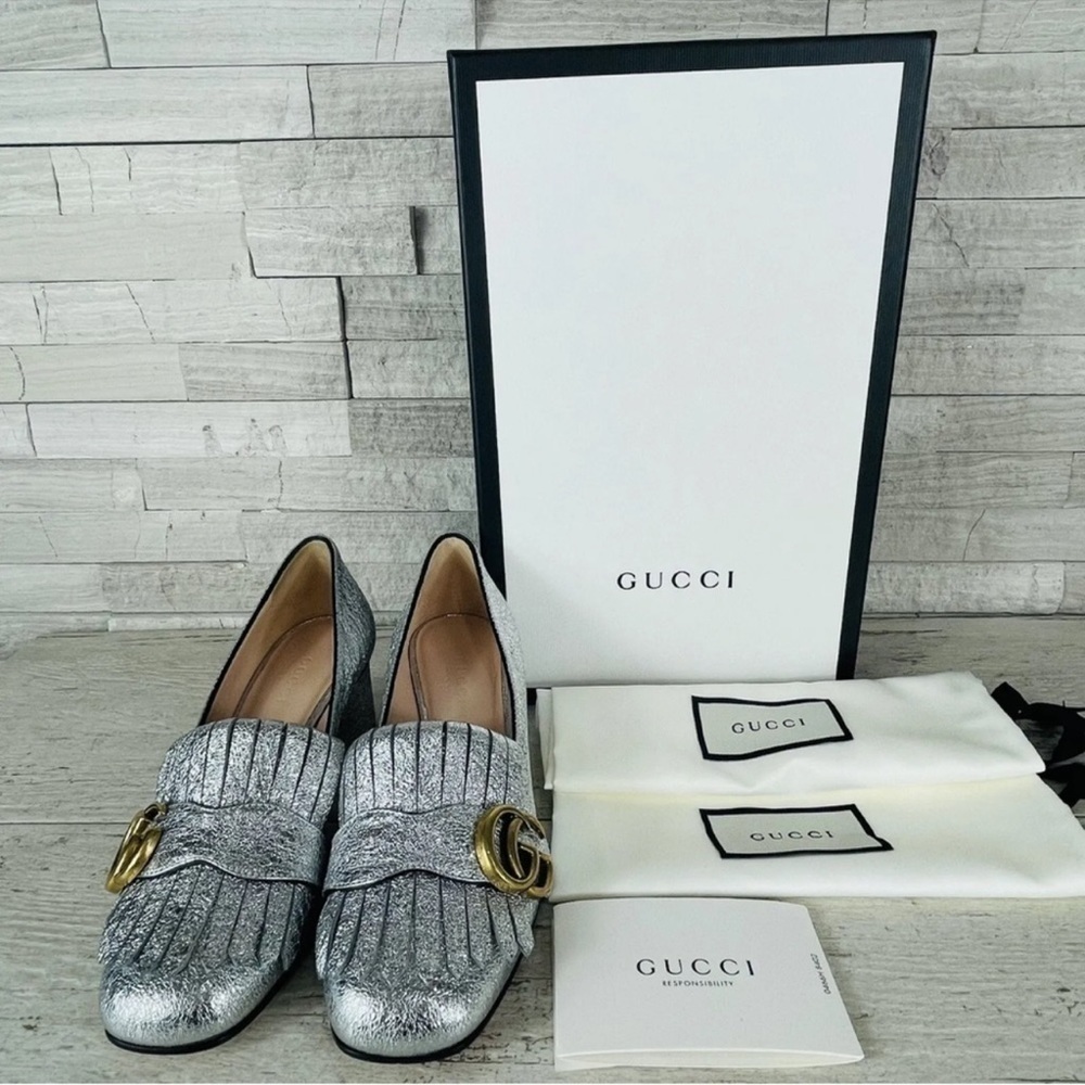 Gucci NEW Size 34 Metallic Silver Marmont GG Fringe Mid Heel Loafer Shoe Pump - Picture 2 of 14
